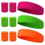 LAMEK 9Stk Neon Schweißband Set 80er Jahre Stirnband 3 Farben 80s Sportstirnband mit Armband Retro Party Accessoires für Damen Herren Sport Fasching Karneval St. Patrick's Day, Rosa Grün Orange