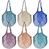 NAROSEBE 6 Stück Einkaufsnetz Obst Gemüse Netztasche Netzbeutel Einkaufstasche Wiederverwendbare Mesh Einkaufstasche Netz Baumwolle Netzbeutel mit Griff für Obst Gemüse Markt/Lebensmittel