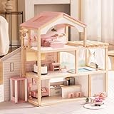 ROBUD Puppenhaus aus Holz,Puppen-Villa mit Möbel,Mit Aufzug, Garage, Pavillon und Schwimmbad,Geschenk für Kinder ab 3, 4, 5, 6 Jahren und älter,Rosa