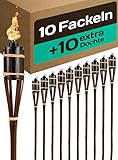Praknu 10 Gartenfackeln für Draußen - Bambus Holz Braun 90cm - Lange Brenndauer - Nachfüllbar - Ink. 10 extra Dochten