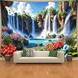 WIERAEM Wald Wandteppich Natur Wasserfall Wasser Wandtuch Groß GrüN Blumen Landschaft Wandbehang Geeignet für Wohnzimmer Schlafzimmer und Arbeitszimmer Dekoration 200X150cm