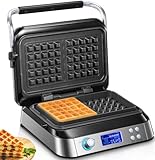 Waffeleisen 1600 W, Doppelwaffeleisen für Belgische Waffeln, 5 Programme, 7 Bräunungsstufen, LCD Display, Countdown Timer, Überlaufrille, Extra Tiefe Heizplatten