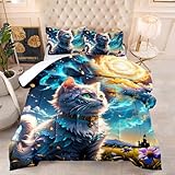 Bettdecke Gelbe Katze Blau Duvet Polyesterfaser Quilt Waschbar Bettdecken Weich Steppdecke Atmungsaktiv Steppbett Vier Jahreszeiten Schlafdecke+2 Kissenbezug (50x75cm) 200x200