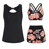 JASAMBAC Damen Bikini,3-Teiliger Tankini Damen Bauchweg, Push-Up-Bikinioberteil Und High Waist Badeshorts, Einfache Badebekleidung, Damen-Sport-Badeanzug, Bademode FüR Schwimmbad, Strand