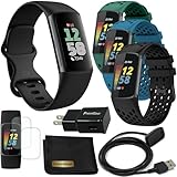 Fitbit Charge 6 Fitness-Tracker-Uhr mit Google-Apps (schwarz), Paket mit PremGear 3 komfortablen Silikon-Uhrenarmbändern, 91 cm Ladekabel, Adapter, Displayschutzfolien und Tuch