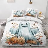 Bettwäsche 140x200 Niedlicher Geist Und Kürbis Motiv - Halloween Bettbezug und 1 Kissenbezug 70x90, Weiche Bügelfreie Mikrofaser Deckenbezug 2er Set mit Reißverschluss, Wendebettwäsche & Deko M&-1507