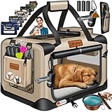 LOVPET® Transportbox Hund Katze Transporttasche XXL 92x64x64cm | Hunde-Tragetasche Faltbare Katzentasche | Haustier-Transportbox inkl. Hundenapf & Schultergurt | für Katzen & Hunde Beige