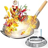 Flavemotion Wok mit Ring für Gasherd, Grill (36 cm, flacher Boden) – handgehämmert, aus Karbonstahl mit Holzgriff, inkl. Aufbewahrungsring