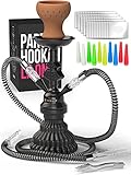 Shisha Set Klein mit 2 Schläuche - 30cm Schwarz Mini zubehör 50x Folie + Tonkopf + 10x Spitzen 2x Mundstück Zange Tragbares mit allem Shisha-Kit