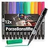 OfficeTree 12 x Porzellanstifte Spülmaschinenfest - 12 Farben - Pinselspitze - Glas und Porzellanstifte auf Wasserbasis - Keramikstifte spülmaschinenfest für Porzellan, Keramik & Glas - Porcelain Pen