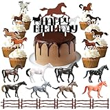 23 Stück Pferde Tortendeko, 1×Happy Birthday Pferd Kuchendeko, 8×Pferd Muffin Cupcake Toppers, 8×Realistische Kunststoff Pferde, 6×Zaun Tortenstecker, Torte Dekorationen für Geburtstag Thema Party