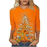 Weihnachtsoberteil für Damen, lässig, Rotweinglas, Grafik-T-Shirt, modisch, Dreiviertelärmel, Top, Weihnachten, Rundhalsausschnitt, Urlaub, Festliche, weiche Bluse, Alltagshemden, 04#_orange, S