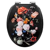 WOLTU Toilettendeckel mit Absenkautomatik, WC Sitz Quick-Release, Klodeckel O Form, Klobrille mit verstellbaren Scharnieren, Toilettenbrille Montage von oben, mit Blumen-Motiv, aus MDF