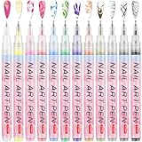 Amaxiu Nail Art Zeichenstift, 12 Farben Nail Art Stifte Set Wasserdichter Nagellackstift Schnelltrocknender Nail Art Graffiti Malstift DIY Abstrakte Linien Detail Stift (0.5mm)