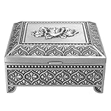 Baxnore Vintage-Schmuckkästchen mit Rosenmuster, Zinklegierung, Aufbewahrungsbox für Schmuckstücke mit Samtfutter, handgefertigt, geprägtes Design, für Frauen und Mädchen (Antike Zinnfarbe)