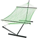 PNAEUT Doppel-Hängematte mit Ständer für draußen, Seil-Hängematten mit Hartholz-Spreizstange, 2 Personen, 3,6 m robuster Ständer, extra Kissen, max. 215,5 kg Kapazität (grün)