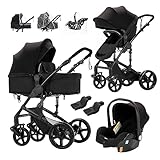 Prokoke Kinderwagen 3 in 1, Kinderwagen Set Einem Klick Faltbar, Kombikinderwagen 3 in 1 mit Umkehrbarem Zwei-Wege-Schub, Buggy Rahmen Aluminiumlegierung Baby Kleinkind Neugeborene (black 588)