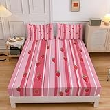 Streifen Und Erdbeeren Spannbettlaken 90×200 cm Niedlicher Cartoon Aus Gebürsteter Polyester-Mikrofaser Spannbetttuch Geeignet Für Boxspringbetten – Passt Auf Matratzen Bis Zu 30 cm Rosa