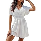 Satohom Damen Kleider Freizeit Einfarbig Sommerkleid V-Ausschnitt Rüschen Knielanges Kleid Lose Kurzarm Strandkleid Tunika A-Linie Gestuftes Kleider Seitenschlitze, Schwarz, Weiß, S-L