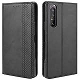 HualuBro Handyhülle für Sony Xperia 1 II Hülle, Retro Leder Stoßfest Klapphülle Schutzhülle Handytasche LederHülle Flip Case Cover für Sony Xperia 1 II Tasche, Schwarz