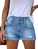 Roskiky Damen Kurze Jeans Strecken Zerrissen Rollsaum Waschung Jeans Shorts Himmelblau, M