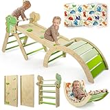 7-in-1 Montessori Kletterdreieck Set mit Rutsche, Kletterbogen & weichem Kissen – Holz Klettergerüst für Babys & Kleinkinder ab 1–3 Jahre, Indoor Spielgerät, faltbar & sicher (Dinosaur)
