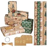 4 Geschenkpapier Weihnachten Rolle, 43cm X 3m Kraft Geschenkpapier Kinder Geburtstag Rollen Mit 10m Hanfseil, Weihnachtspapier Rolle, Christmas Wrapping Paper, Für Weihnachtsfeier Geschenkverpackung