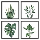 ArtbyHannah Bilder mit Rahmen 25x25cm 4er Set Poster Schwarz Quadratisch Wandbilder mit Holz Rahmen, Botanisch Kunstdruck Wanddeko, Badezimmer Schlafzimmer Wohnzimmer Küche