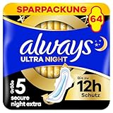 Always Ultra Secure Night Damenbinden (Größe 5) mit Flügeln 64 Stück, Super Saugfähig Und Ultra Dünn, für Die Periode