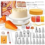 BakeBuddy Torten Zubehör Set (61-teilig) – Drehbare Tortenplatte mit Edelstahl Spritztüllen, Spritzbeutel, Teigschabern, Paletten & umfangreichem Backzubehör perfekt für Anfänger & Profis