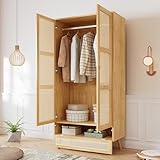 Gelukueub Kleiderschrank mit Stange, 2-türiger Kleiderschrank, Schlafzimmer, Rattannetz, Wohnzimmer, mit unterem Flip-Top-Deckel, Spanplatten+PE-Rattan, Natur