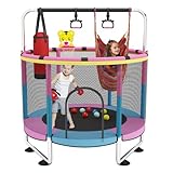 Trampolin Kinder, 150cm Kinder Trampolin Outdoor/Indoor, 200kg verstellbares,mit Basketballkorb und Gehäuse,Geschenke für Jungen und Mädchen