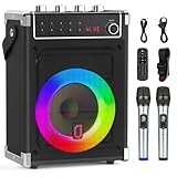 JYX Karaoke-Maschine mit 2 UHF-Funkmikrofonen, Bluetooth-Lautsprecher mit Bass-/Höhen-Einstellung und LED-Licht, PA-Systemunterstützung TWS, AUX in, FM, Rec, Versorgung für Party/Erwachsene/Kinder