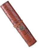 BetterJonny Leder Schlamperrolle, Vintage Schlampermäppchen Retro Stifterolle Rollmäppchen Piraten-Look Federmäppchen mit aufgedruckter Schatzkarte für Herren Damen, Glatte