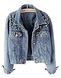 CYSTYLE Damen Jeansjacke Übergangsjacke Leichte Jacke Denim Casual mit Perle (L)