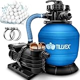 tillvex Sandfilteranlage Pool 10 m³/h inkl. 800g Filterbälle | Filteranlage 7-Wege Ventil & 2in1 Adapter Ø32mm - 38mm | Poolfilter mit Druckanzeige | Sandfilter für Schwimmbecken (Blau)