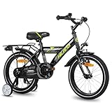 HILAND 18 Zoll Jungen Kinderfahrrad für Jungen ab 5 Jahren mit Rücksitz/Gepäckträger, Handbremse und Rücktritt schwarz/grün