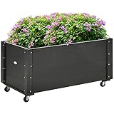 Outsunny Hochbeet Massivholz, Pflanzbeet mit Rollen, Frühbeet Gartenbeet Blumenkasten, Pflanzkasten Pflanzkübel 89x48x47cm für Garten, Terrasse, Blumenkübel für Kletterpflanzen, Blumen, Schwarz