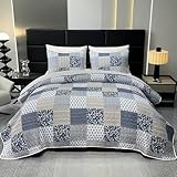 DECMAY Tagesdecke 220x240 Grau Patchworkdecke Bettüberwurf Tagesdecke, Überwurfdecke Bett für Doppelbett, 3-teiliges Tagesdecke mit Kissen Set, Mikrofaser, Romantisches und gemütliches Design