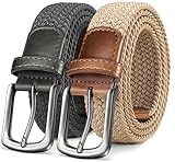 KEMISANT Gürtel Herren 2er, Elastischer Flechtgürtel Damen Herren Stoffgürtel Geflochten Stretchgürtel Golfgürtel 35mm(Beige/Dunkelgrau,115cm/36-40' taille verstellbar)