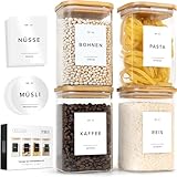 EDELHAUS Vorratsgläser mit Deckel aus Bambus (4x 1100ml) Vorratsdosen mit Holzdeckel & 72 Vorratsetiketten Weiß - Lufdichtes Vorratsglas - Stapelbare Glasbehälter mit Deckel Küchen Organisation