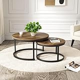 Hawthyhome 2 Stücke Beistelltisch Set rund, Couchtisch aus Holz mit Metallrahmen,Moderne Kaffeetische Satztische für Wohnzimmer Schlafzimmer Braun