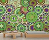 YEMYOR Kreisförmige Wandmalerei, Retro-Grüne Geometrie, Kreisförmige Wandmalerei, Ethno-Stil, Geometrische Muster, Nordische Geometrische Küchentapete für Wohnzimmer-450x300cm