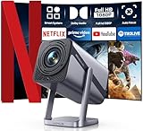 Smart Beamer 4K [Auto Fokus | Netflix Official | Dolby Audio] Full HD 1080P Beamer 600ANSI Smart-System Auto Vertikale Trapezkorrektur WiFi6 Zweiwege-Bluetooth 20W Projektor Outdoor 360°Drehbar