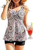 Breampot Tankini Damen Bauchweg Bedruckter Bademode Zweiteiler Badeanzug Push Up Swimsuit Beachwear (Large, Stil 1 Kaffee)