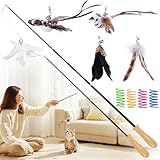 HezzLuv (15 STK in Set 2 Einziehbarer Katzenangel lang, Interaktives Katzenspielzeug für Katzen mit 3 Katzenfederspielzeug und 2 Vogel, Katzen Spielzeug für Kitten, Ideal für Bewegung und Bindung