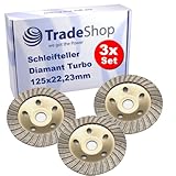 3x Trade-Shop Profi Diamant Turbo Schleifteller Schleiftopf 125mm Durchmesser 22,23mm Bohrung für viele Elektrowerkzeuge mit M14 Gewinde/Segmente 5mm