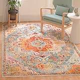 SAFAVIEH Boho Teppich für Wohnzimmer, Esszimmer, Schlafzimmer - Crystal Collection, Kurzer Flor, Blaugrün und Orange, 91 X 152 cm