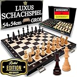 APEQi® Luxus Schach - großes Schachspiel Holz HOCHWERTIG - [54x54cm], Massivholz, 2 EXTRA-Damen, Geschenkidee - Schachbrett Holz hochwertig, 34 gewichtete große Schachfiguren, klappbares Chess Board