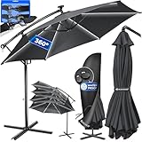 KESSER® Alu Ampelschirm LED Solar Ø350cm Inkl. Abdeckung Fernbedienung Kurbelvorrichtung Kurbelschirm mit Ständer 360° Funktion UV-Schutz Aluminium Wasserabweisend Garten-Schirm Marktschirm Anthrazit